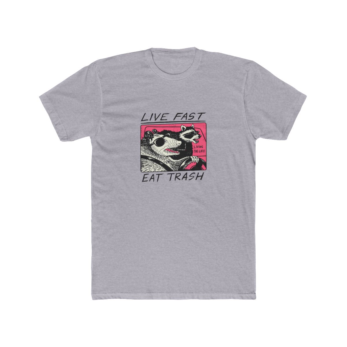 White T Shirt featuring a graphic of two animals driving a car. The text "Live Fast Eat Trash" is printed on the shirt. The animals are a raccoon and a possum. The raccoon is wearing sunglasses and... - alternate angle 4, merchandise