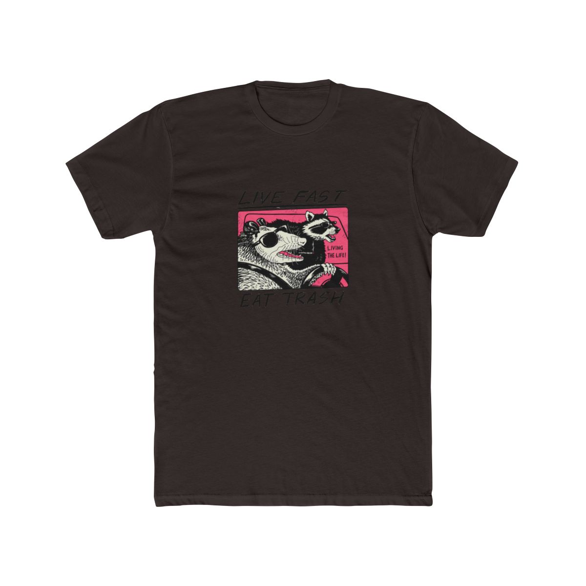 White T Shirt featuring a graphic of two animals driving a car. The text "Live Fast Eat Trash" is printed on the shirt. The animals are a raccoon and a possum. The raccoon is wearing sunglasses and... - alternate angle 2, merchandise