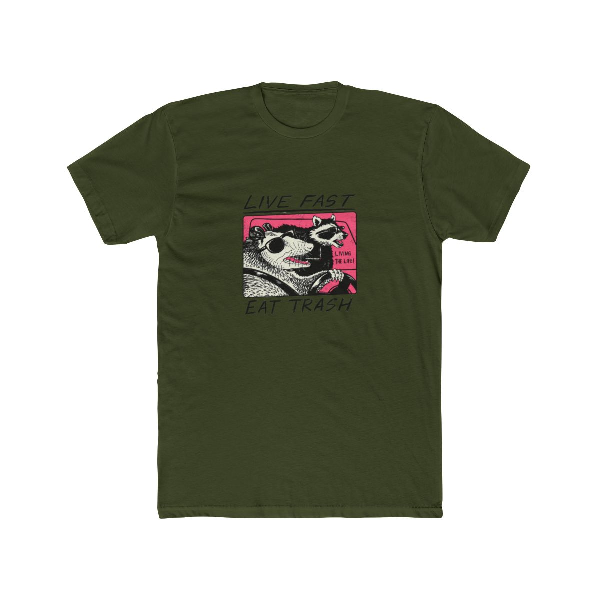 White T Shirt featuring a graphic of two animals driving a car. The text "Live Fast Eat Trash" is printed on the shirt. The animals are a raccoon and a possum. The raccoon is wearing sunglasses and... - alternate angle 5, merchandise