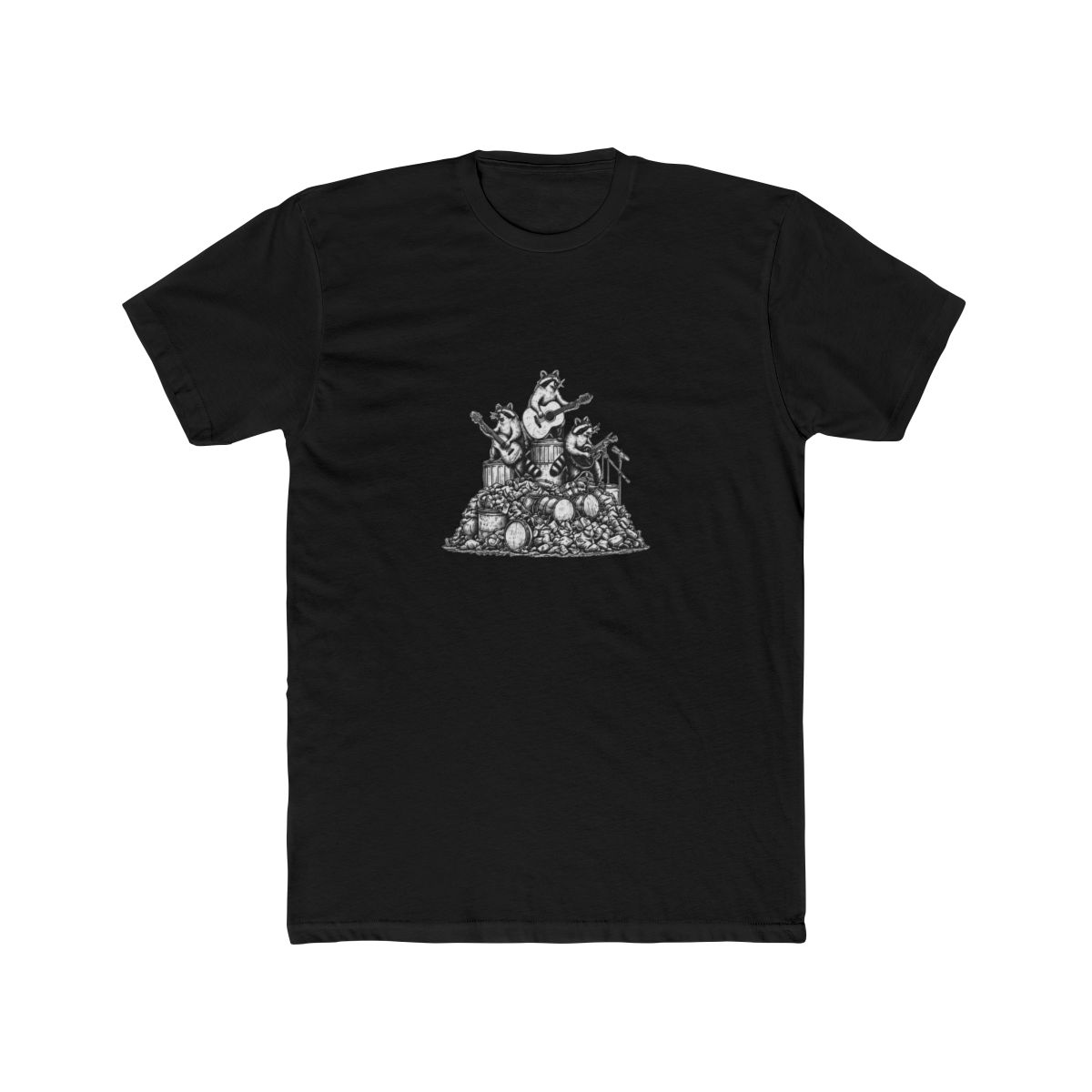 Dark grey T Shirt with the text "MORE TRASH CAN LESS TRASH CAN'T". The shirt features a graphic of raccoons playing musical instruments on top of a pile of trash and drums - alternate angle 3, merchandise