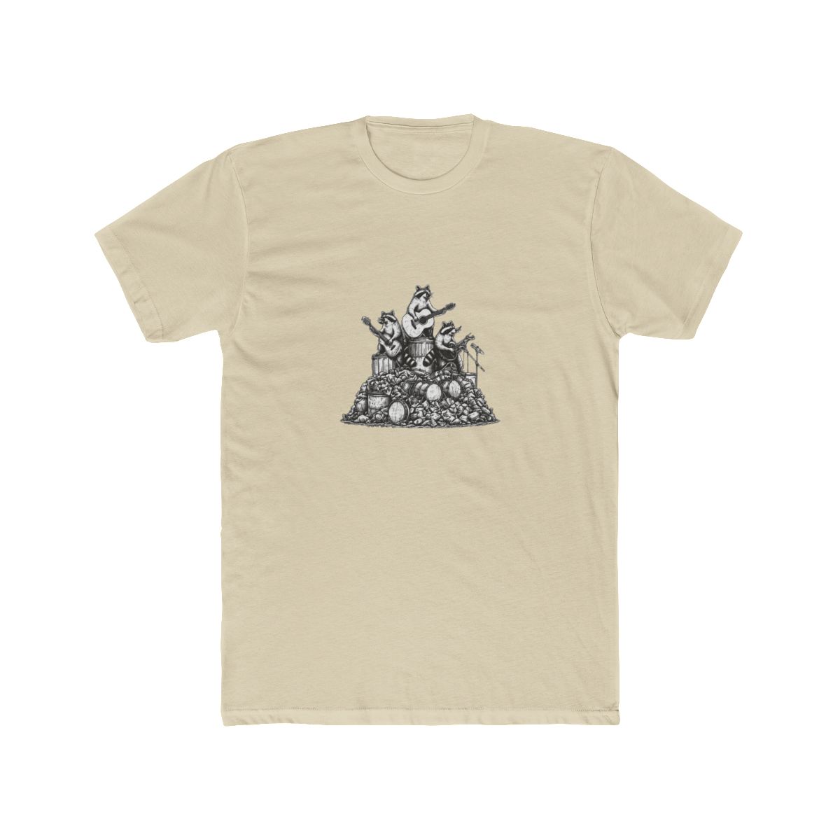Dark grey T Shirt with the text "MORE TRASH CAN LESS TRASH CAN'T". The shirt features a graphic of raccoons playing musical instruments on top of a pile of trash and drums - alternate angle 4, merchandise