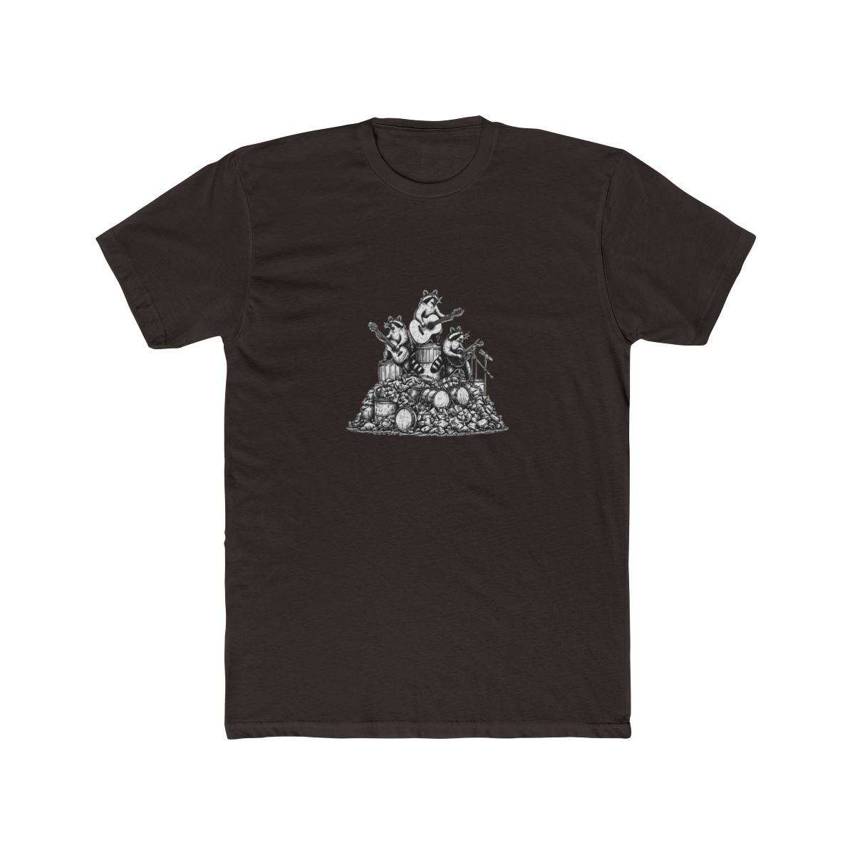 Dark grey T Shirt with the text "MORE TRASH CAN LESS TRASH CAN'T". The shirt features a graphic of raccoons playing musical instruments on top of a pile of trash and drums - alternate angle 2, merchandise