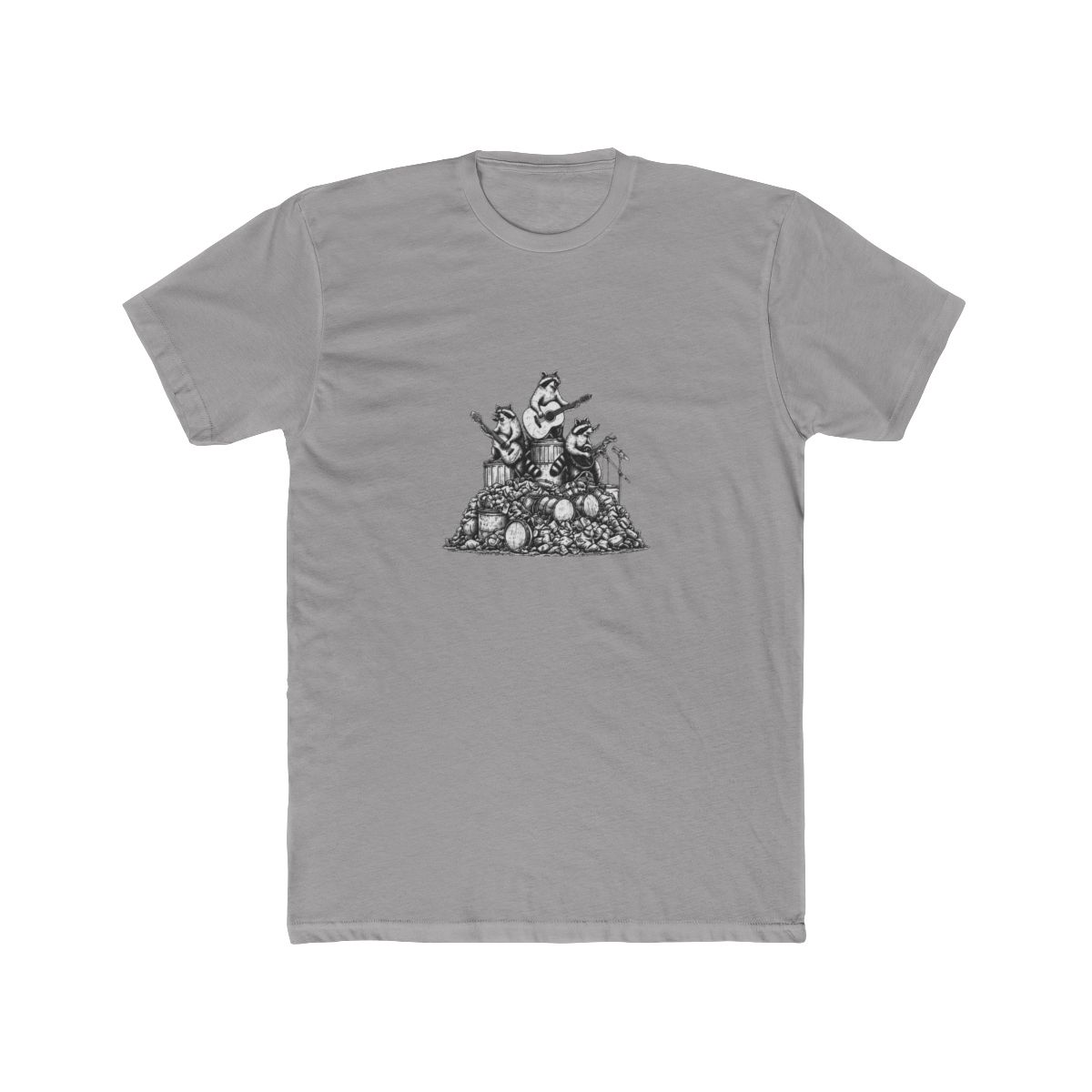 Dark grey T Shirt with the text "MORE TRASH CAN LESS TRASH CAN'T". The shirt features a graphic of raccoons playing musical instruments on top of a pile of trash and drums