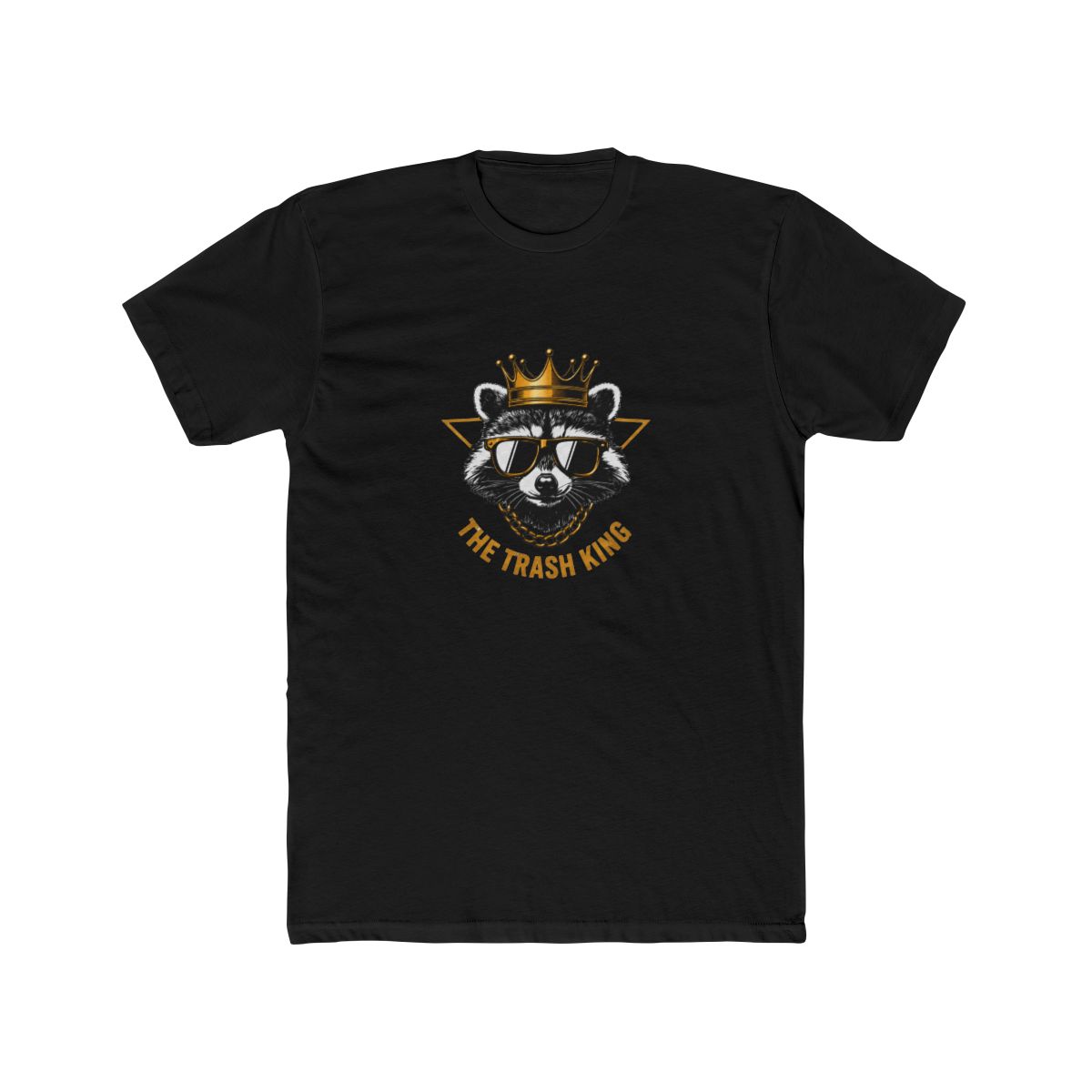 White T Shirt with a graphic of a raccoon wearing sunglasses and a gold crown, with the text "THE TRASH KING" in gold. The raccoon is set against a gold triangle. The shirt has a relaxed, oversized... - alternate angle 3, merchandise
