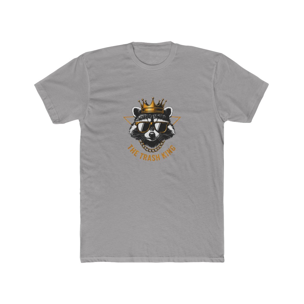 White T Shirt with a graphic of a raccoon wearing sunglasses and a gold crown, with the text "THE TRASH KING" in gold. The raccoon is set against a gold triangle. The shirt has a relaxed, oversized... - Official T-Shirts merchandise