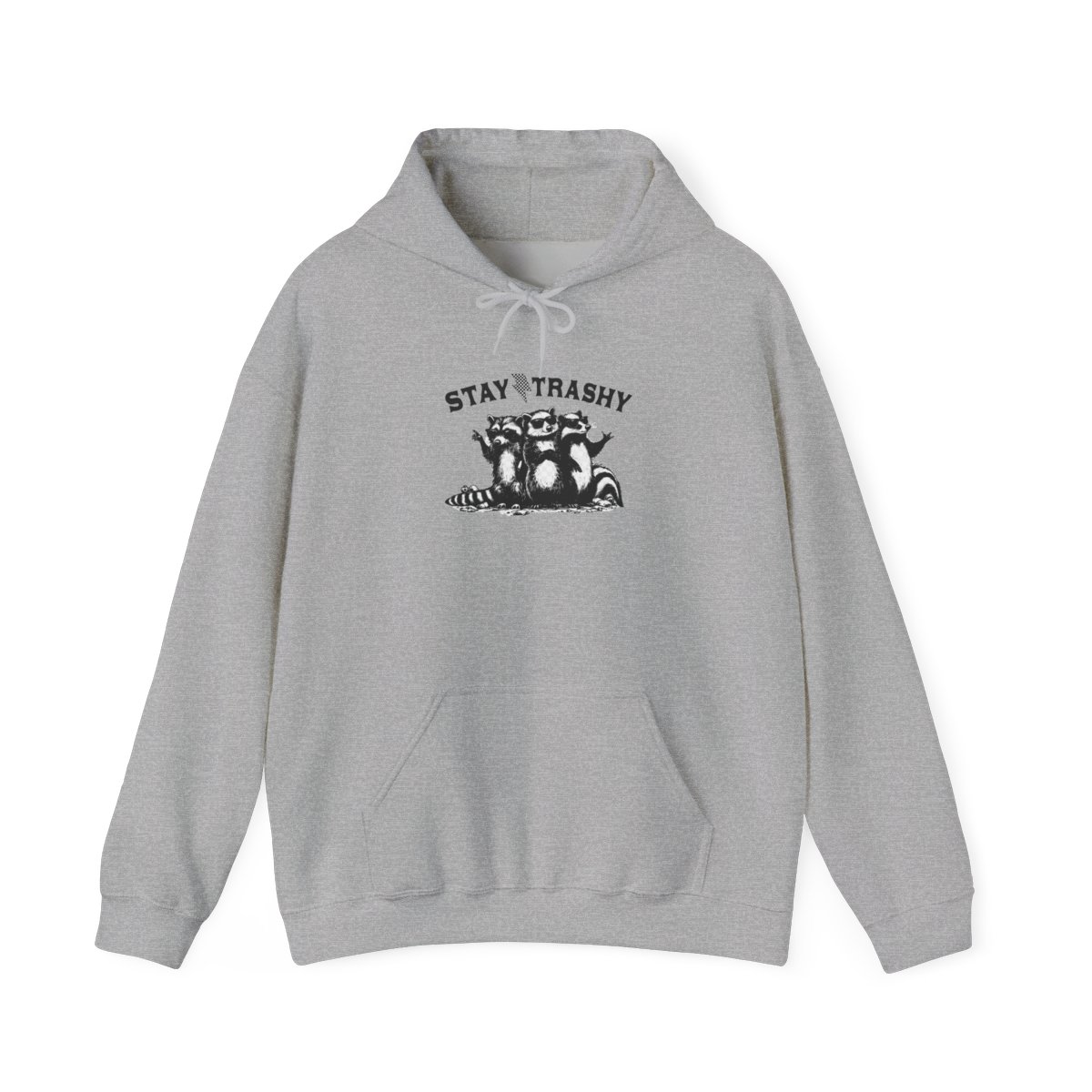 A light grey hoodie featuring the phrase "STAY TRASHY" and a black and white illustration of three raccoons wearing sunglasses. The raccoons are the main focus of the design - Official Hoodies merchandise