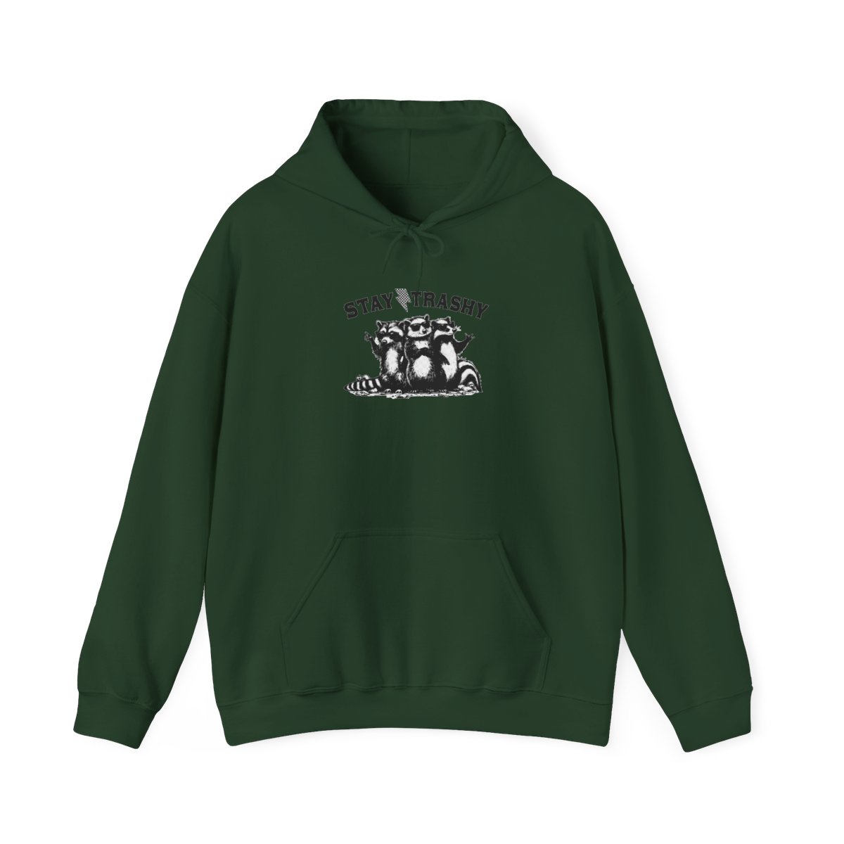 A light grey hoodie featuring the phrase "STAY TRASHY" and a black and white illustration of three raccoons wearing sunglasses. The raccoons are the main focus of the design - alternate angle 5, merchandise