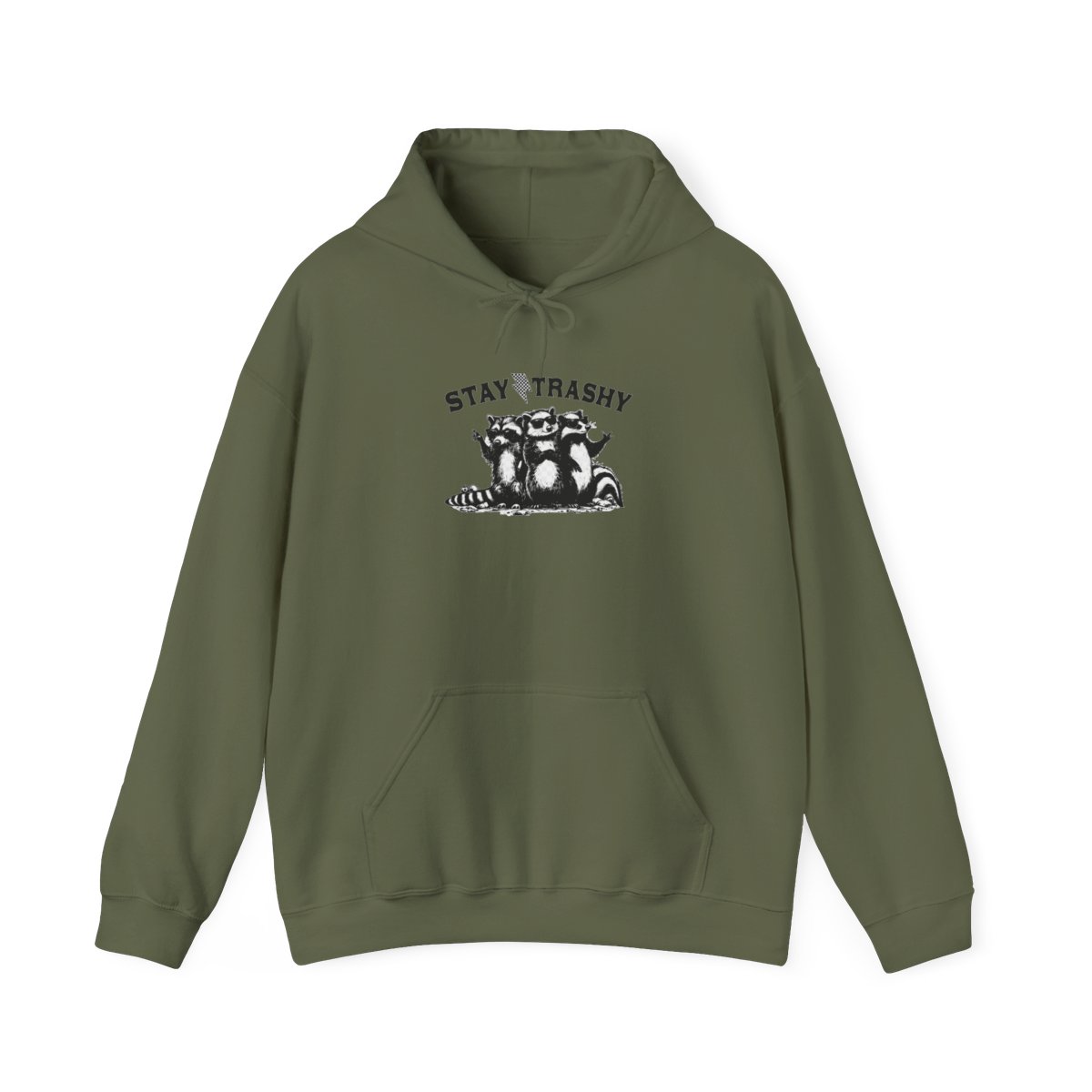 A light grey hoodie featuring the phrase "STAY TRASHY" and a black and white illustration of three raccoons wearing sunglasses. The raccoons are the main focus of the design - alternate angle 4, merchandise
